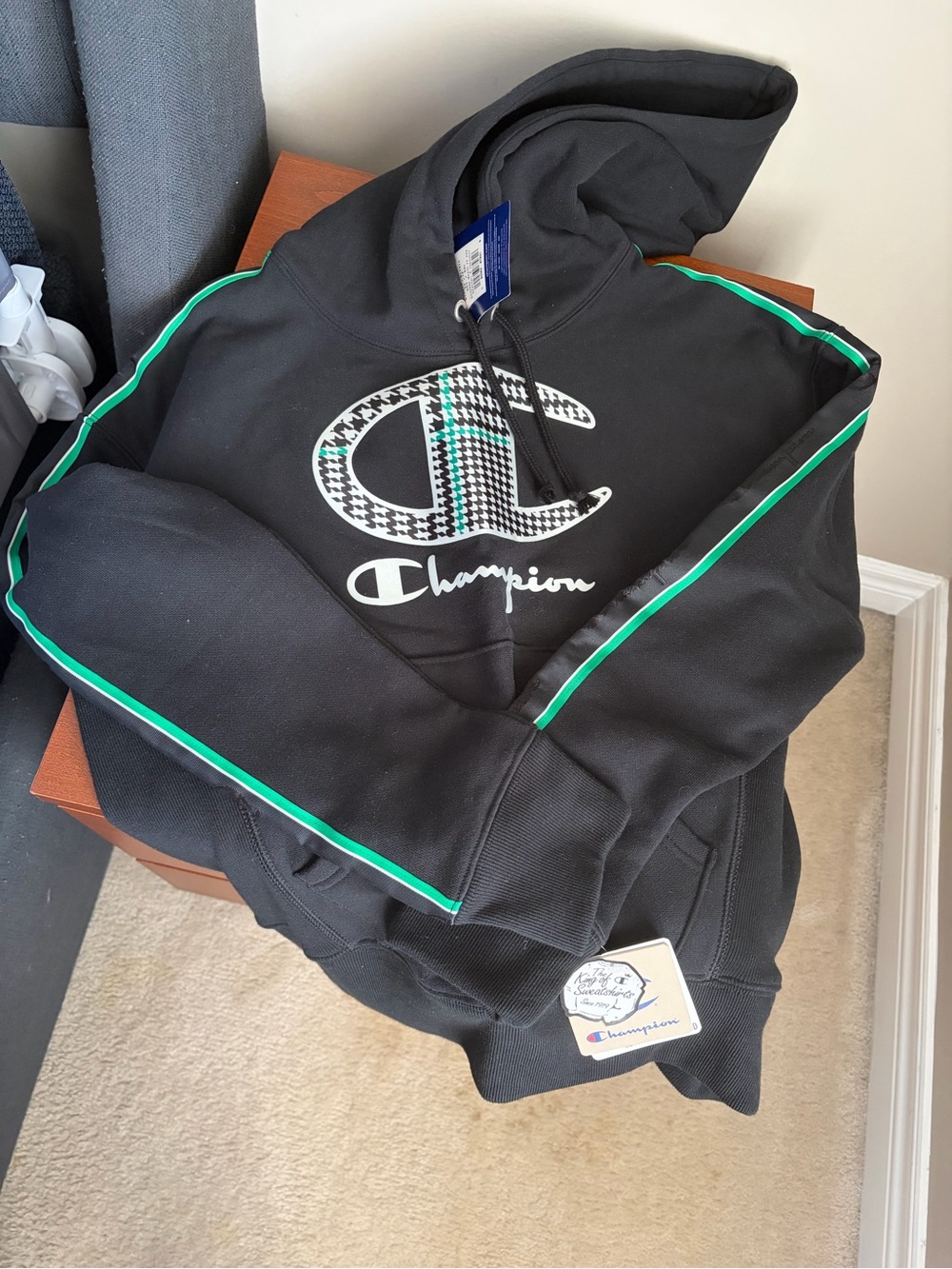 Champion Black Hoodie with Green Piping and Logo